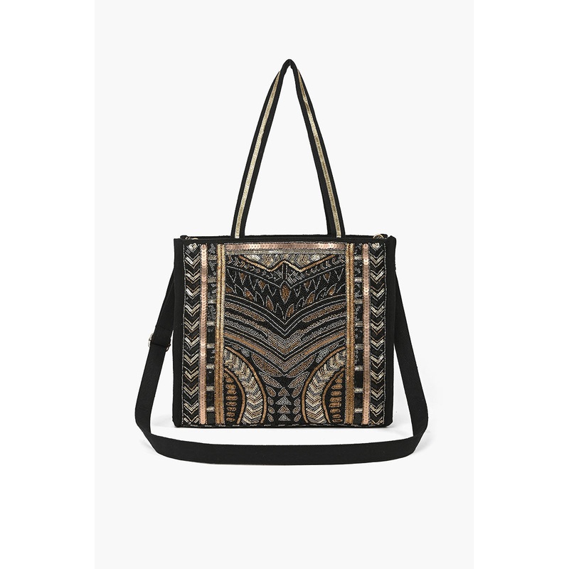 Boho Beaded Market Tote with Crossbody-Black Aztec
