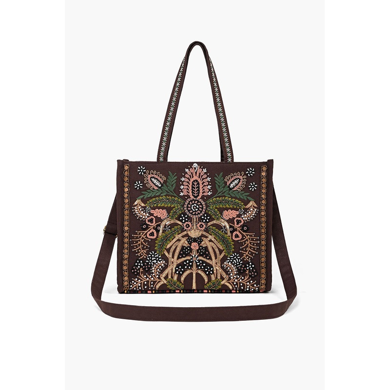 Boho Beaded Market Tote with Crossbody-Brown