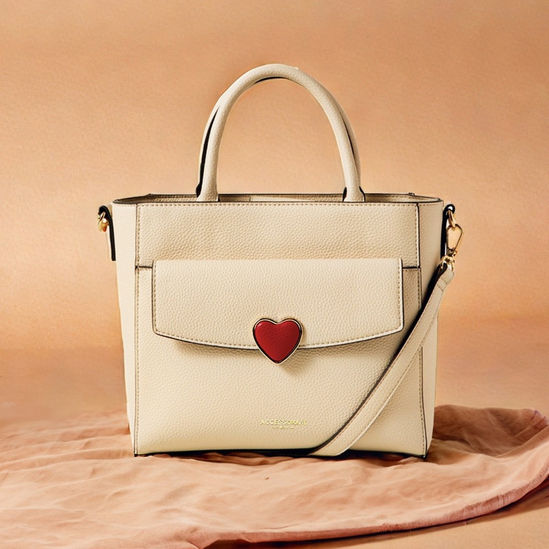 Cream Heart Faux Leather Handbag