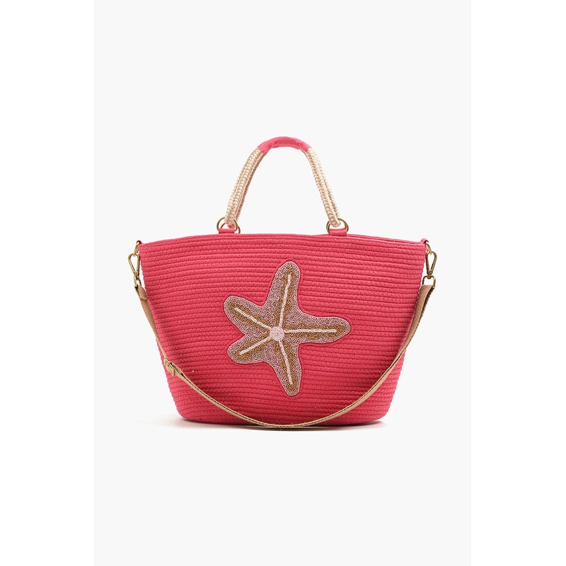 Embellished Jute Tote with Crossbody Strap-Pink Starfish