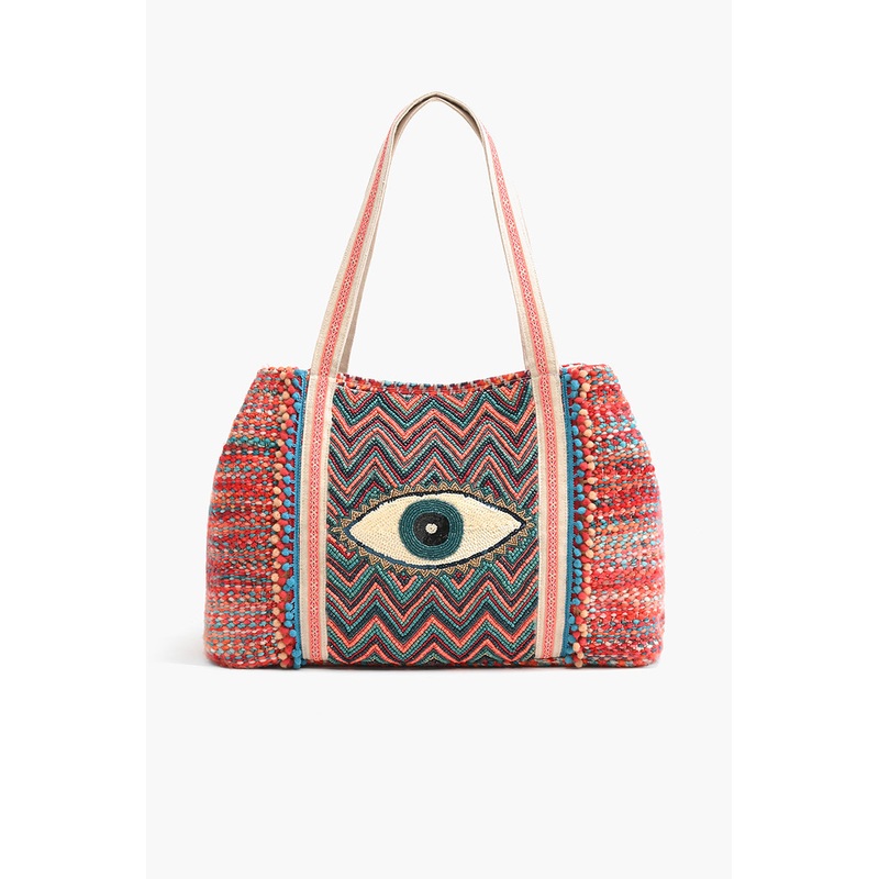 Evil Eye Good Luck Hand Beaded Orange and Blue Tote Bag