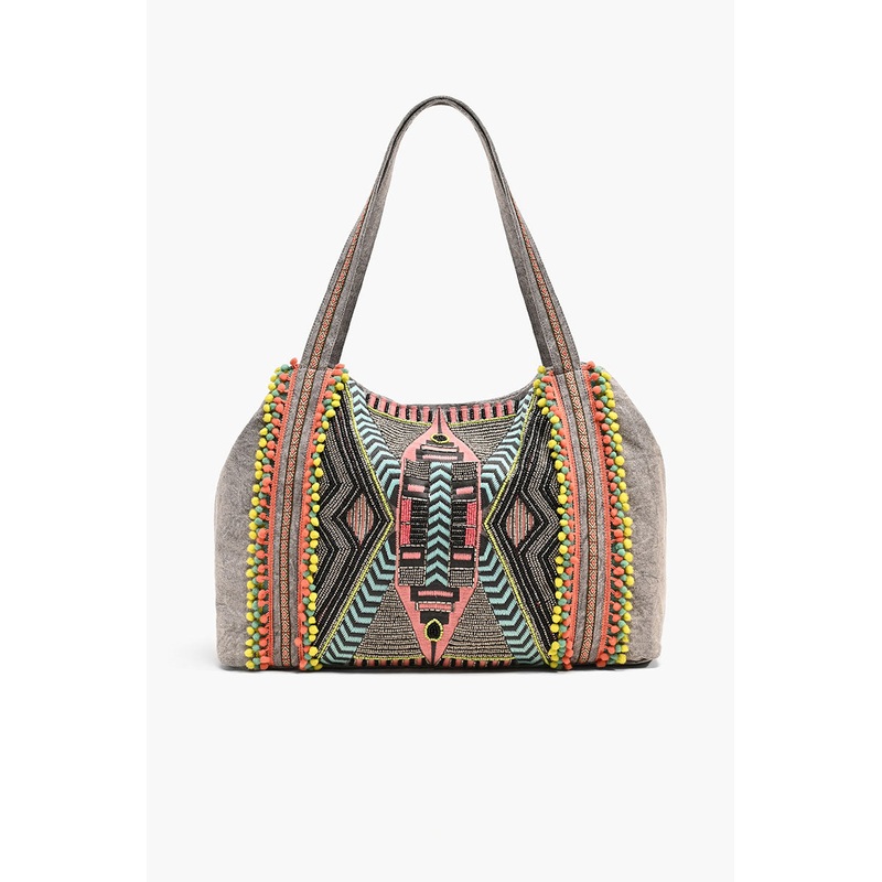 Gargoyle Embellished Gray Hand Beaded Tote