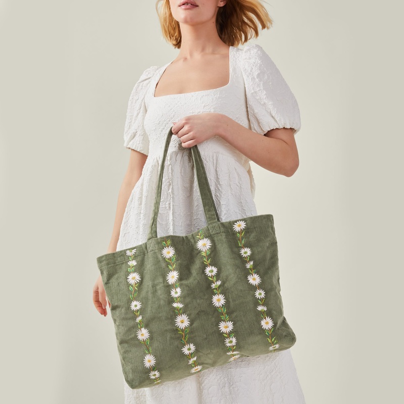 Green Daisy Embroidered Corduroy Shopper Bag