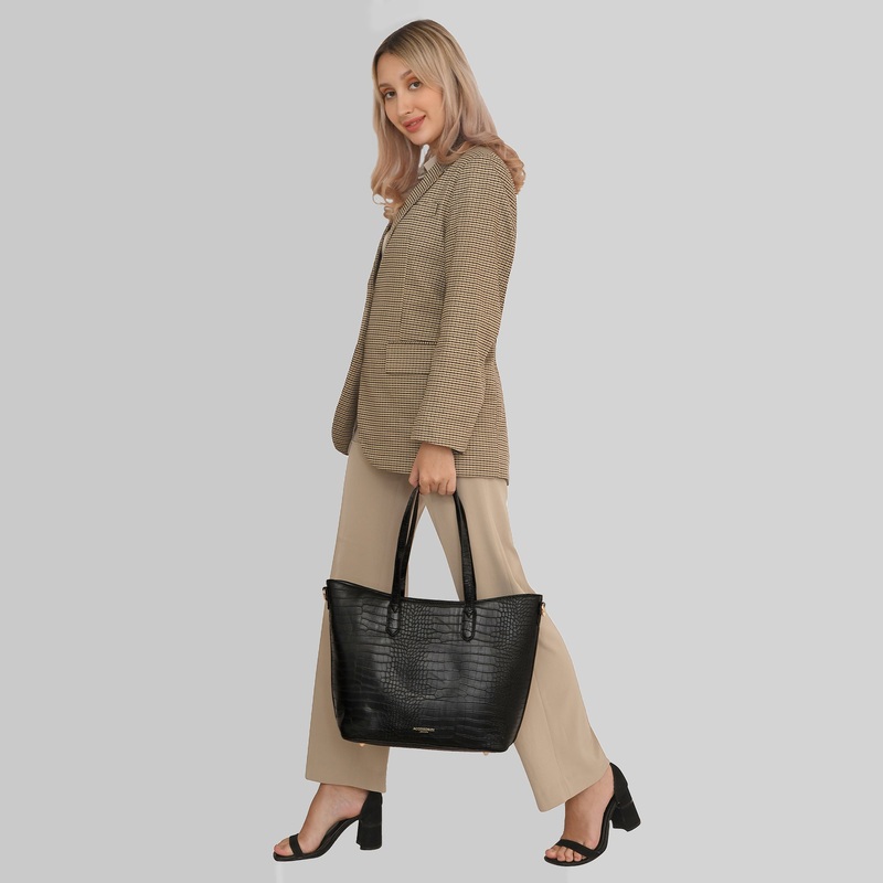 Accessorize London Women's Faux Leather Black Croc Daffodil tote bag