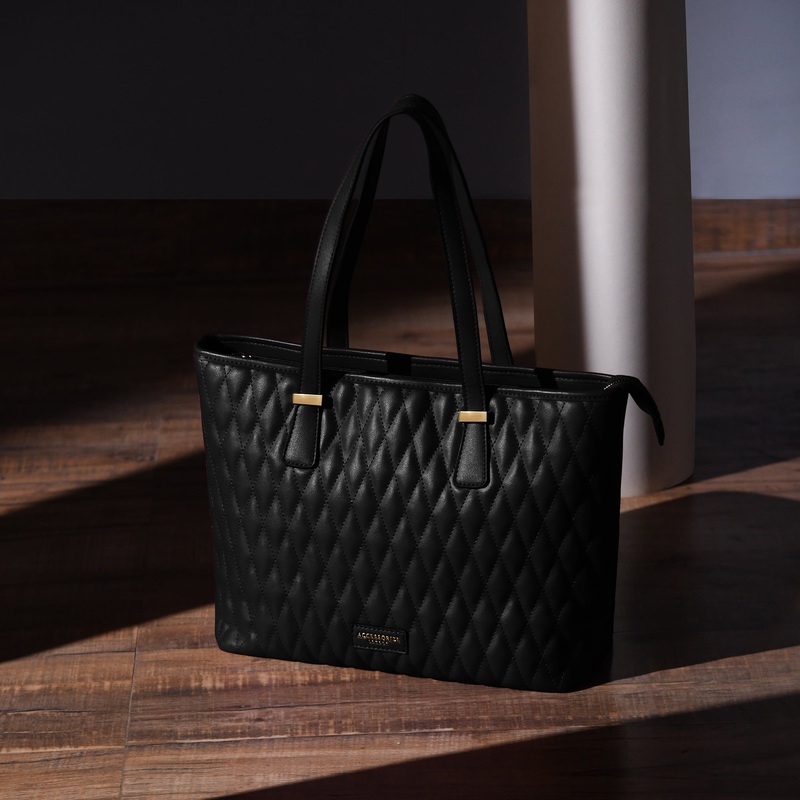 Accessorize London Women's Faux Leather Black Lannister quilted tote Bag