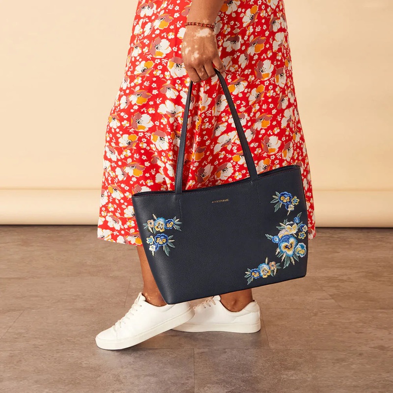 Accessorize London Women's Faux Leather Blue Floral Embroidered Tote Bag