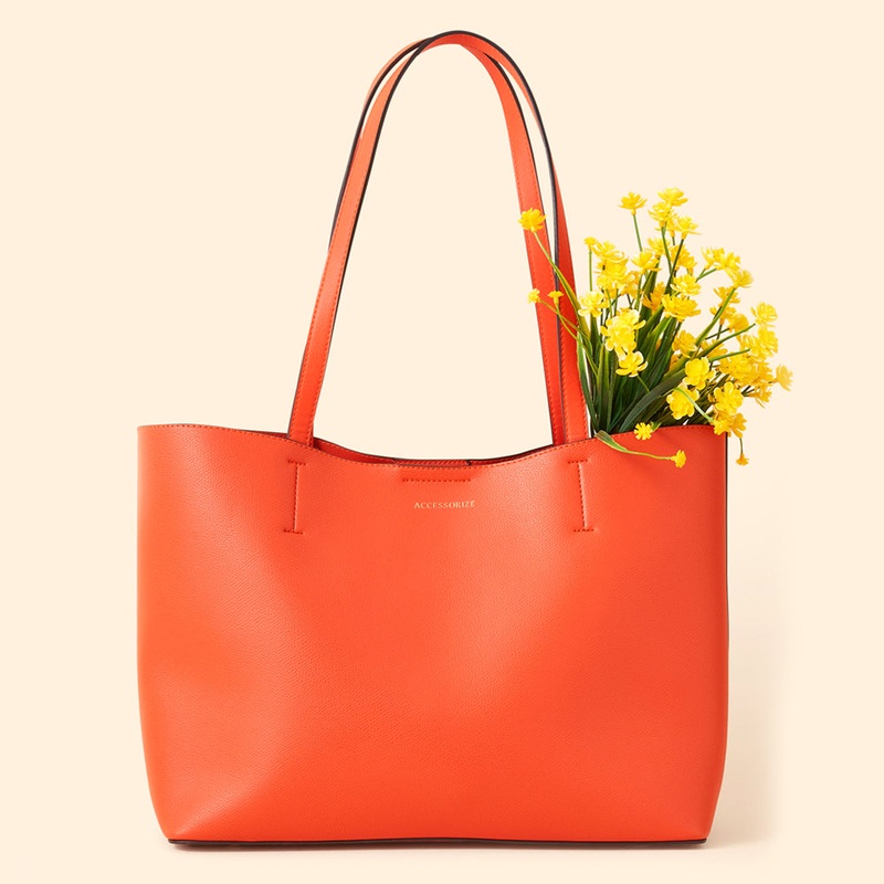 Accessorize London Women's Faux Leather Orange Classic Leo tote
