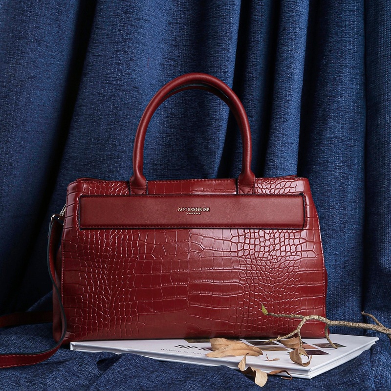 Accessorize London Women's Faux Leather Red Beetel Croc Handheld Bag