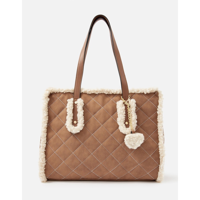 Accessorize London Women's Faux Shearling Quilted Tan Tote Handbag