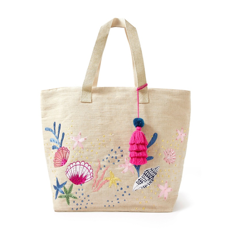 Accessorize London women's White fabric Under The Sea Embroidered Tote bag