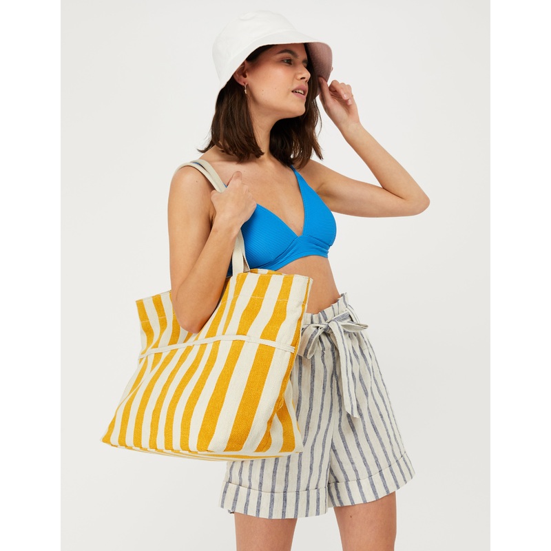 Accessorize London Women's Yellow & White Woven Stripe Beach Tote Bag