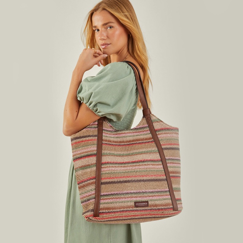 Brown Stripe Raffia Shoulder Bag