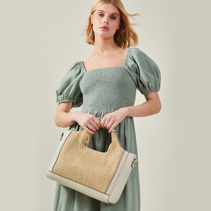 Cream Jute Faux Leather Handbag