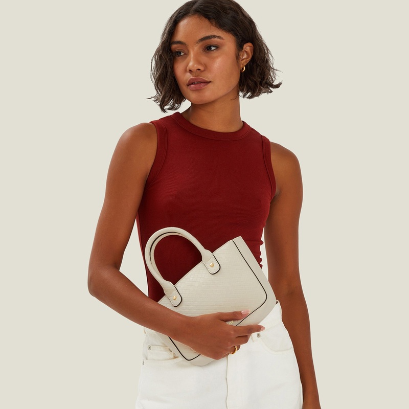 Cream Mini Woven Faux Leather Handbag