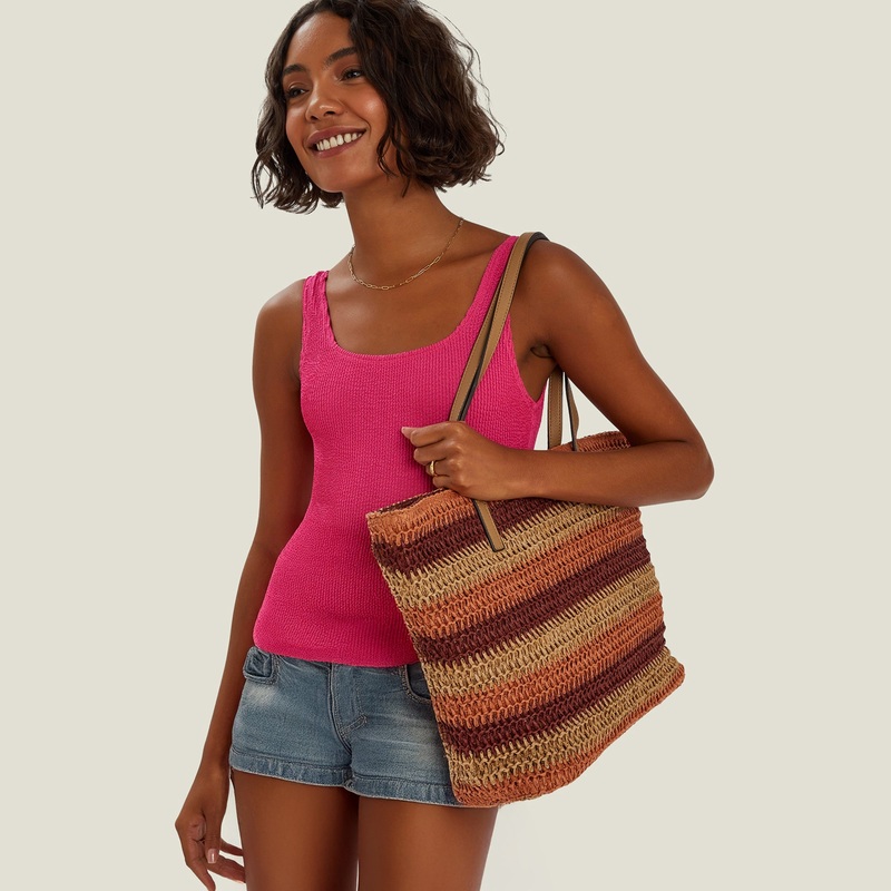Stripe Raffia Shoulder Bag Brown