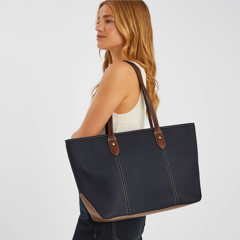 Navy Blue Colourblock Zip Top Tote Bag