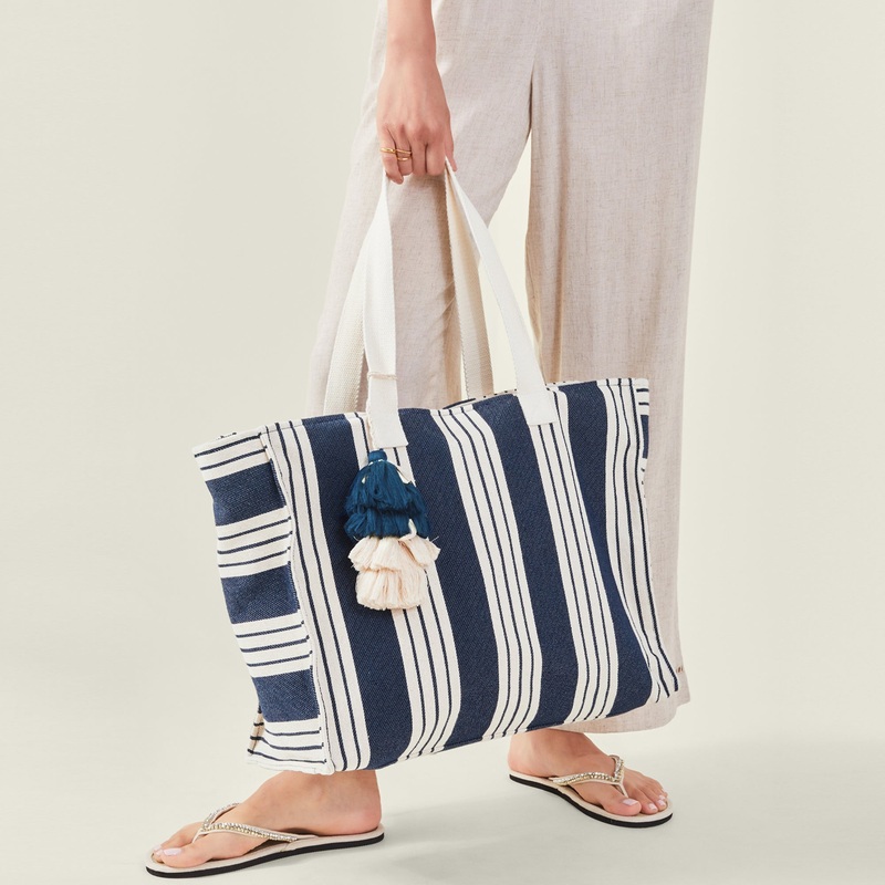 Accessorize London Women's Blue Large Stripe Beach Bag