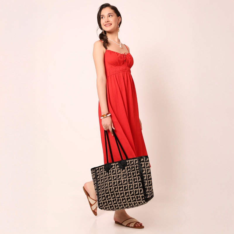 Beige Black Handcrafted Geometric Beaded Tote Bag