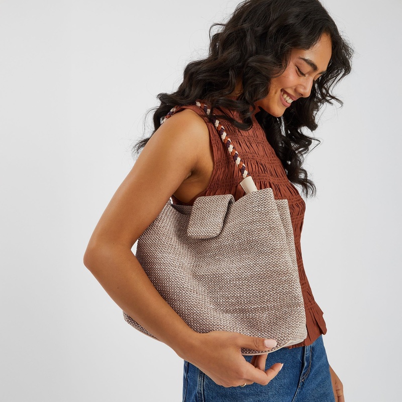 Cream Braid Strap Woven Shoulder Bag