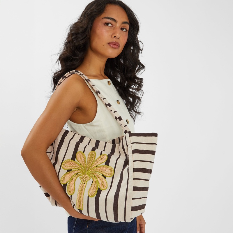 Cream Palm Stripe Shopper Bag