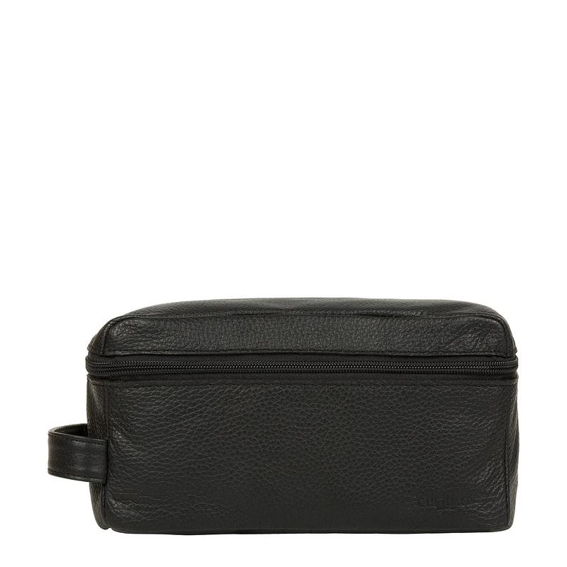 'Flip' Black Natural Leather Wash Bag