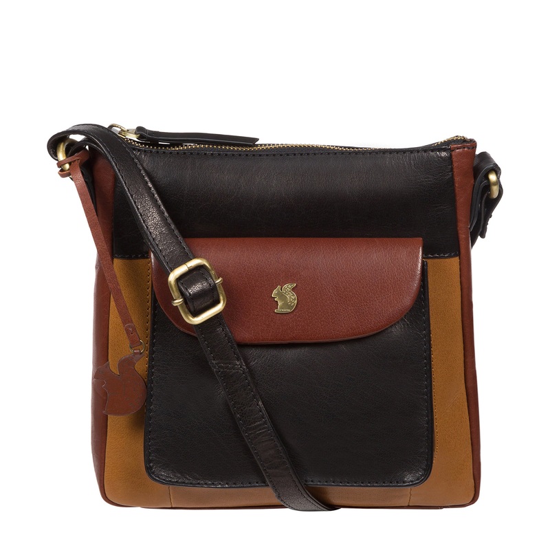 'Shona' Dark Tan, Black & Conker Brown Leather Cross Body Bag