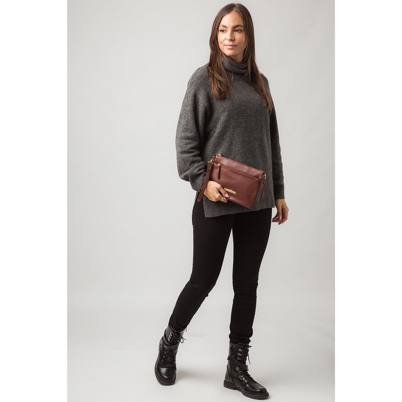 'Lytham' Chestnut Leather Cross Body Clutch Bag