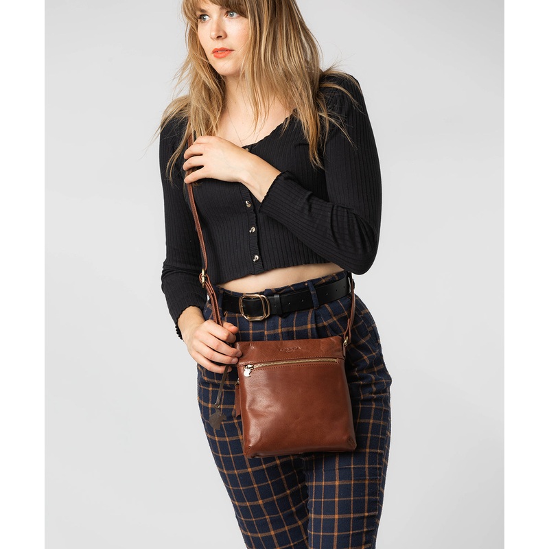 'Yayoi' Conker Brown Leather Cross Body Bag