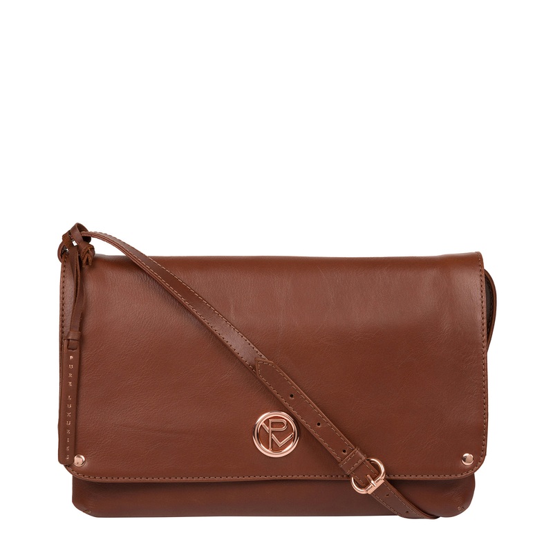 'Ermes' Cognac Leather Cross Body Clutch Bag
