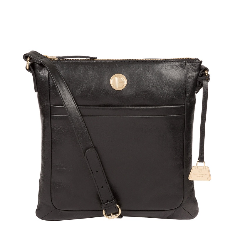 'Lotus' Jet Black Leather Cross Body Bag