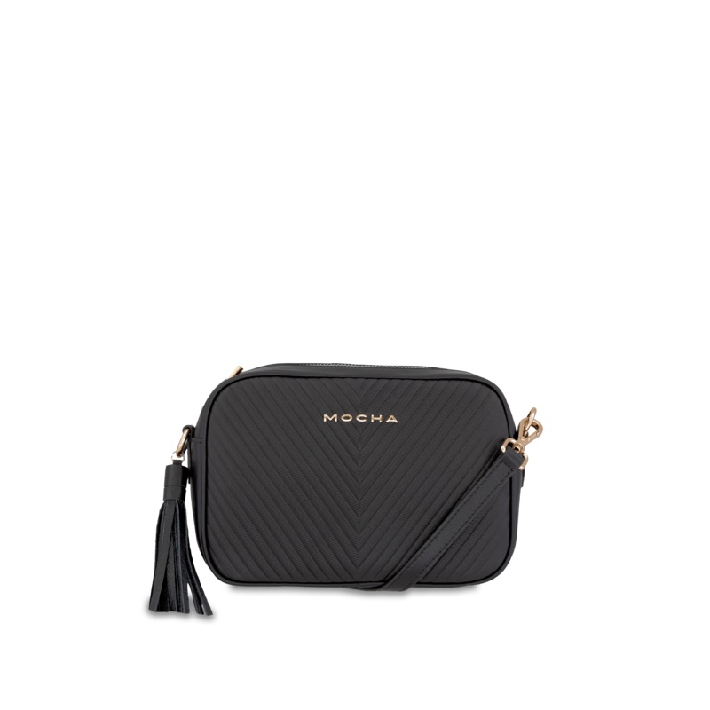 Mocha Chevron Box Leather Crossbody Bag - Black/Light Gold