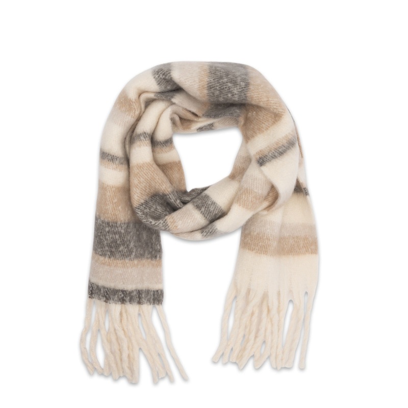 Mocha Fluffy Stripe Scarf - White/Grey