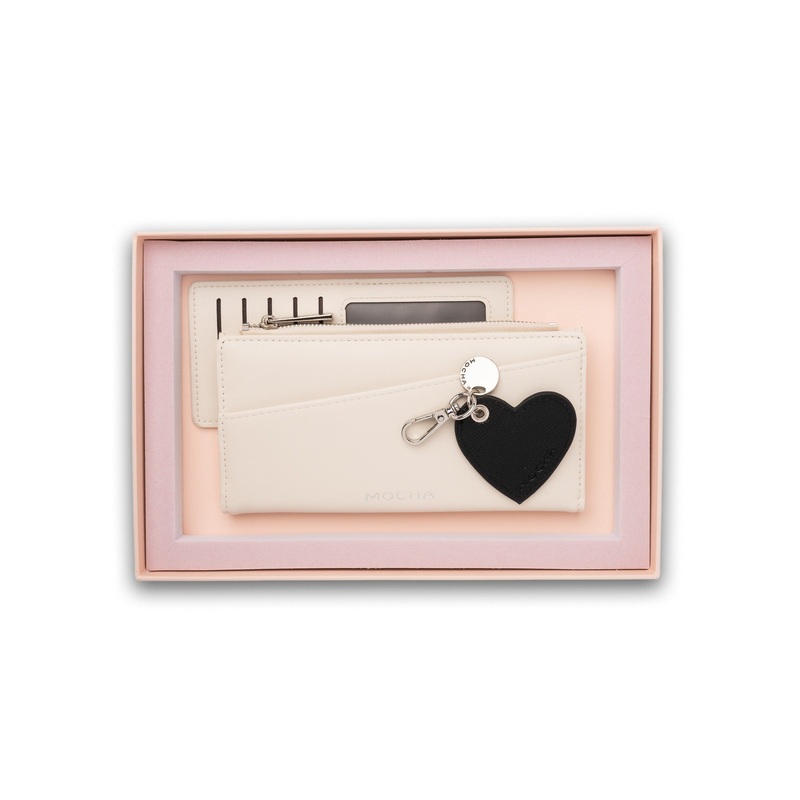 Mocha Gift Pack 5A - Amy Asymmetrical Long Wallet & Mila Key Ring - Cream