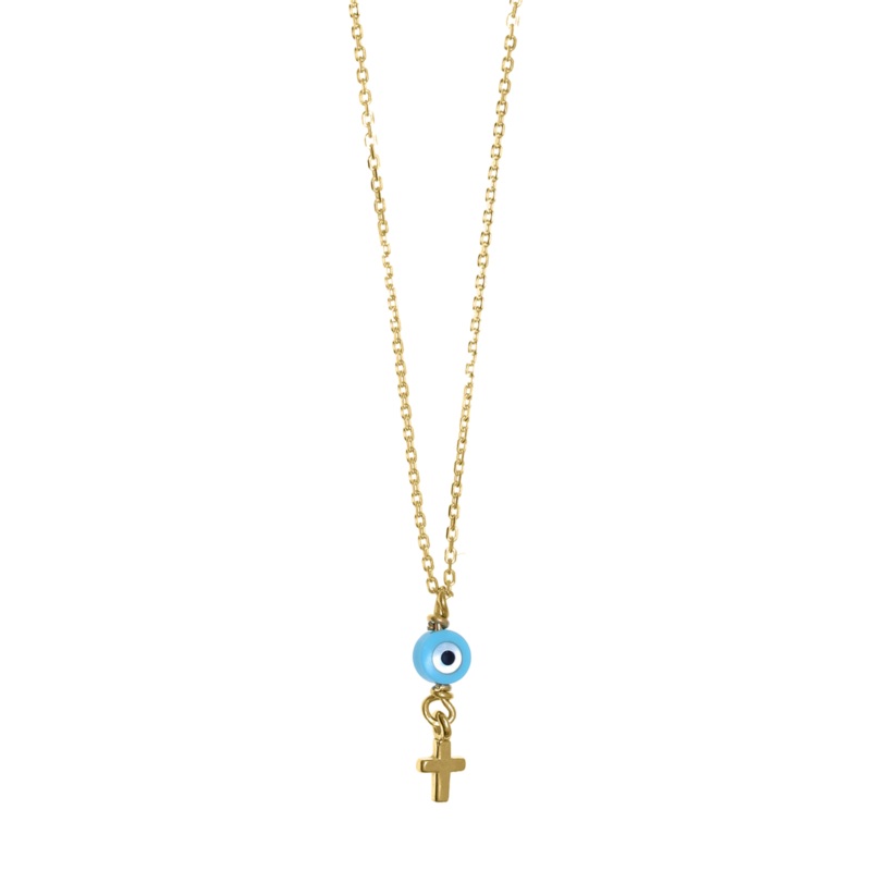 Gregio Tiny Shiny Necklace w/ Evil Eye & Cross - Gold