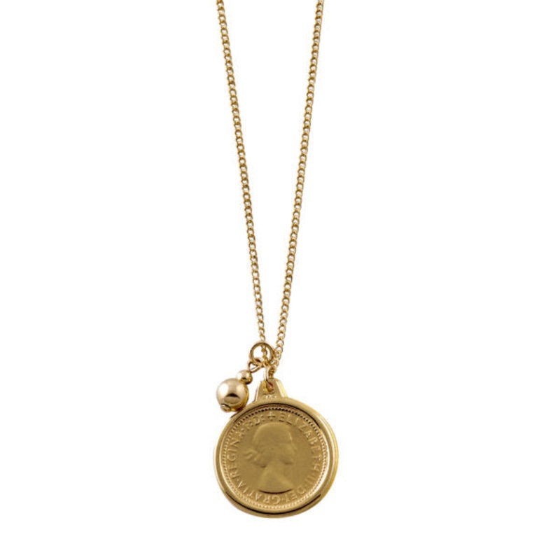 Von Treskow Yg Filled Fine Curb Chain Necklace W/ Authentic Australian 6 Pence Coin & 6mm Yg Filled Ball