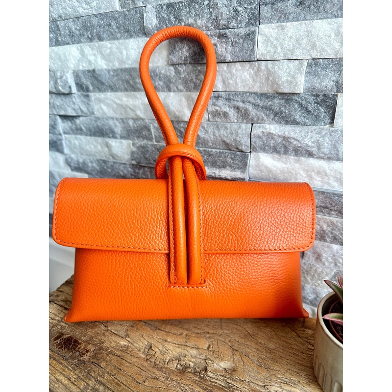 Bright Orange Italian Leather Clutch Bag , Evening Bag with Loop Handle
