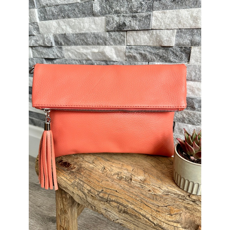 Coral Fold Over Italian Leather Clutch Bag