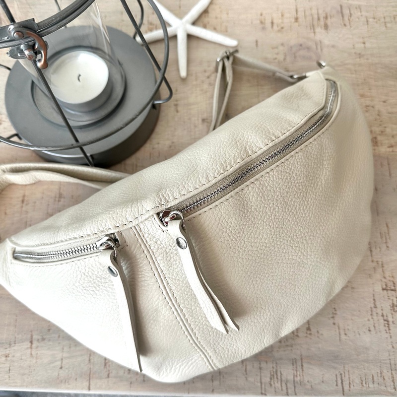 Cream Large Italian Leather Sling Bag -Chest Bag