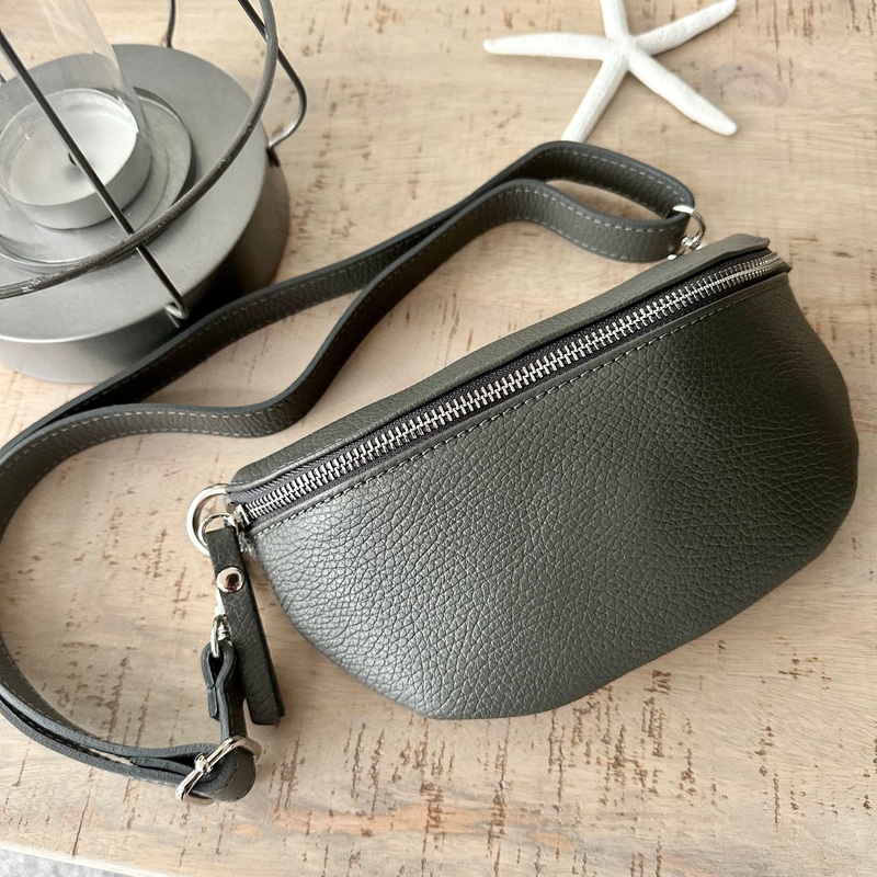 Dark Grey Italian Leather Bum Bag / Chest Bag / Sling Bag