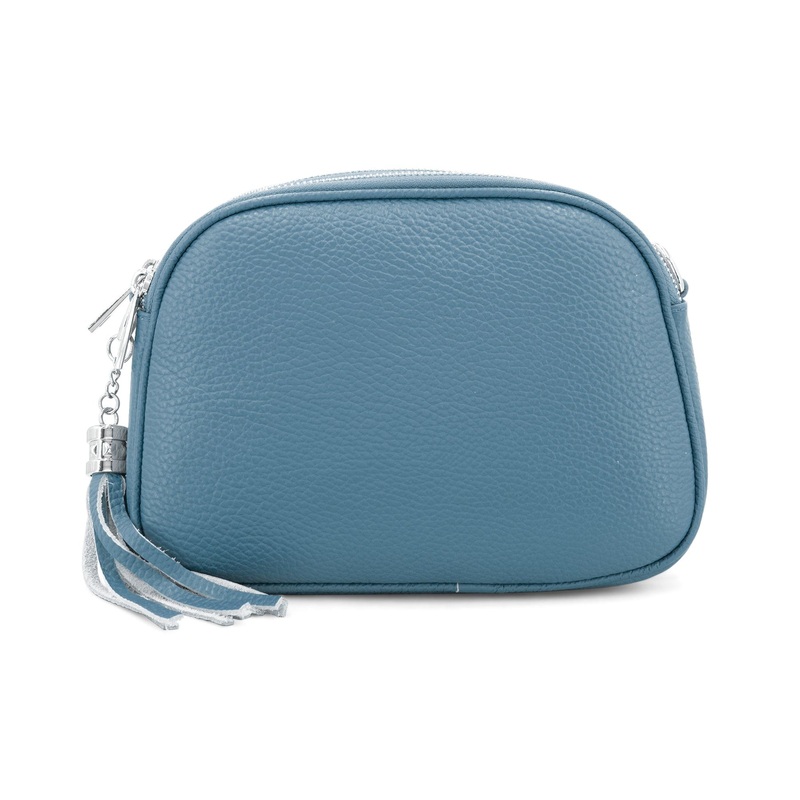 Denim Blue Triple Zip Italian Leather Crossbody Camera Bag