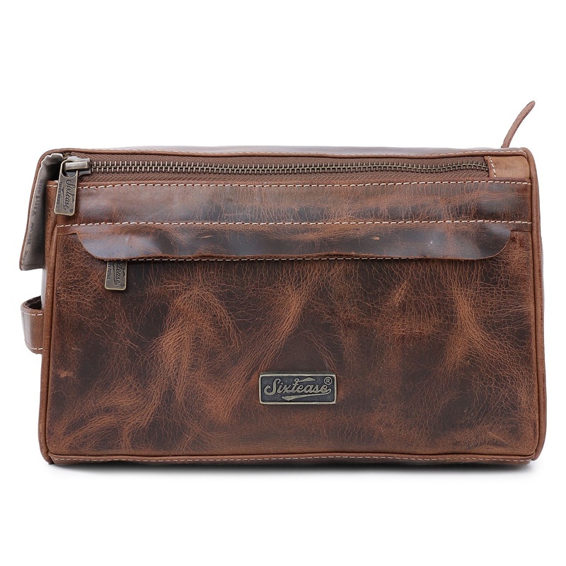 Double Zip Leather Shaving Kit - brown