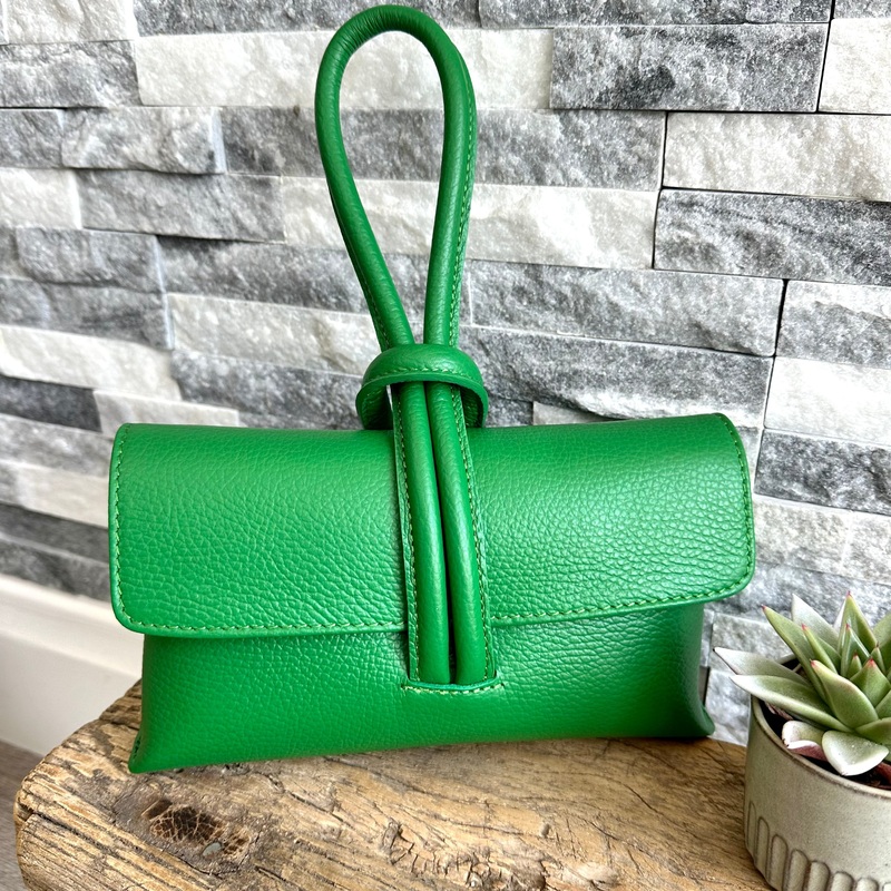 Green Italian Leather Clutch Bag , Evening Bag with Loop Handle