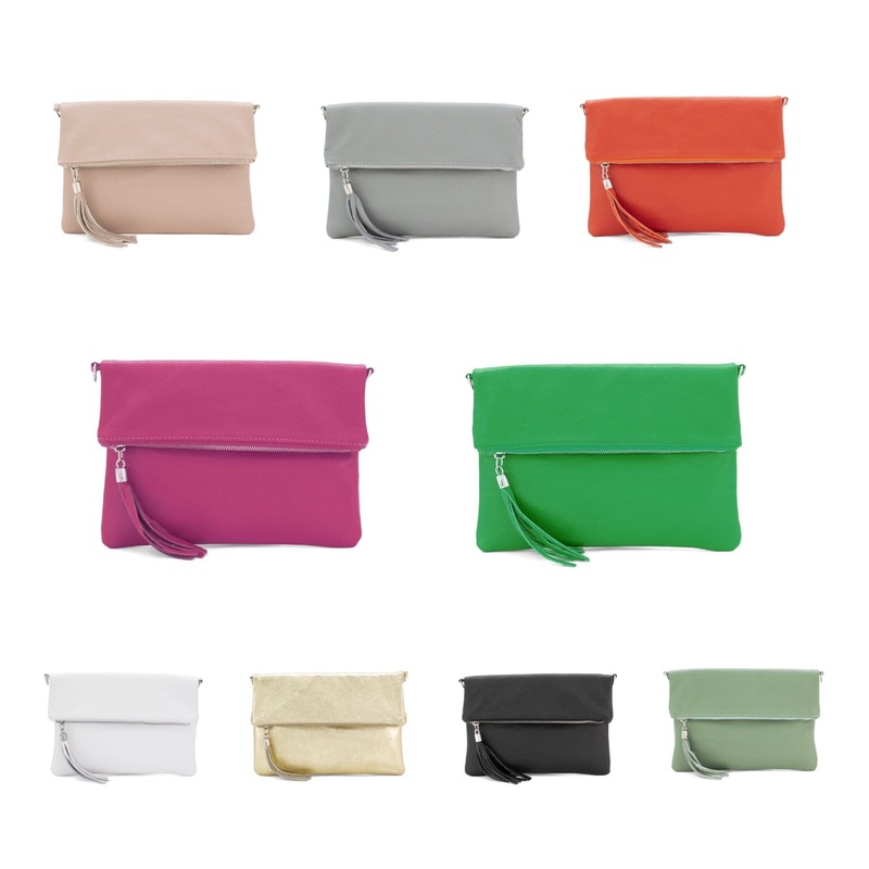 Italian Leather Fold Over Clutch Bag with Tassel, Available in 17 Colours .