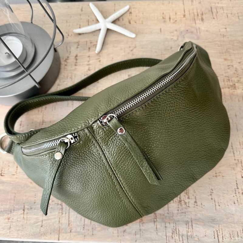 Khaki Green Italian Leather Large Sling Bag / Chest Bag.