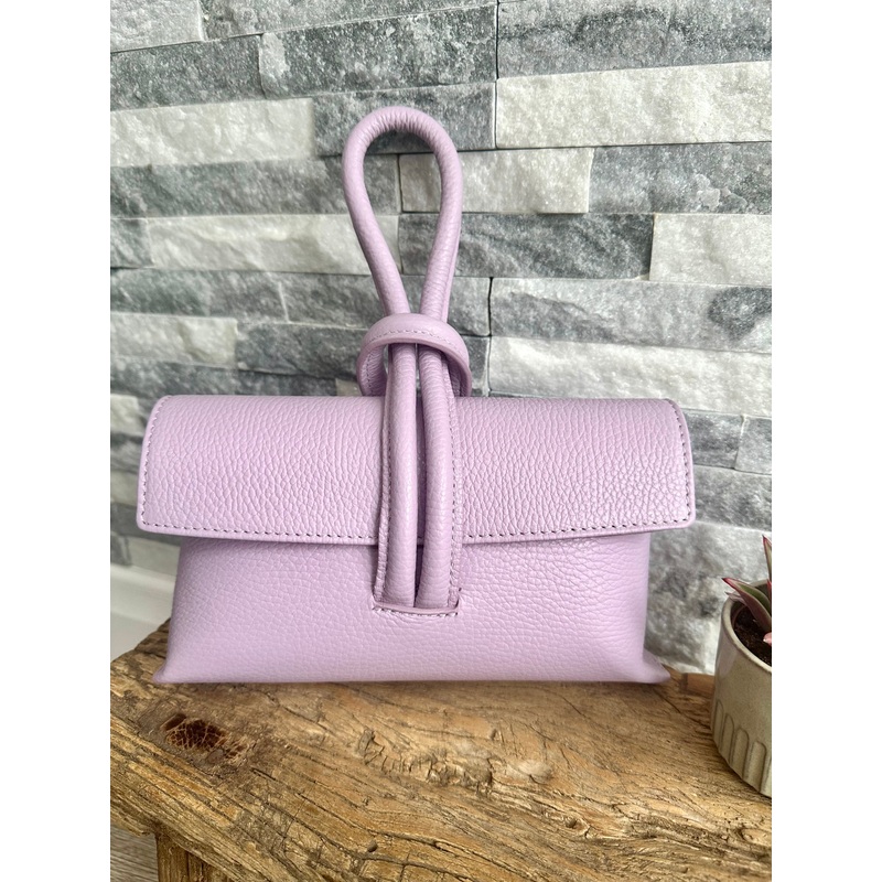 Lilac Italian Leather Clutch Bag, Evening Bag with Loop Handle.