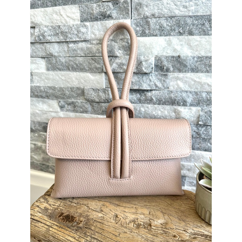 Nude Pink Italian Leather Clutch Bag, Evening Bag with Loop Handle.