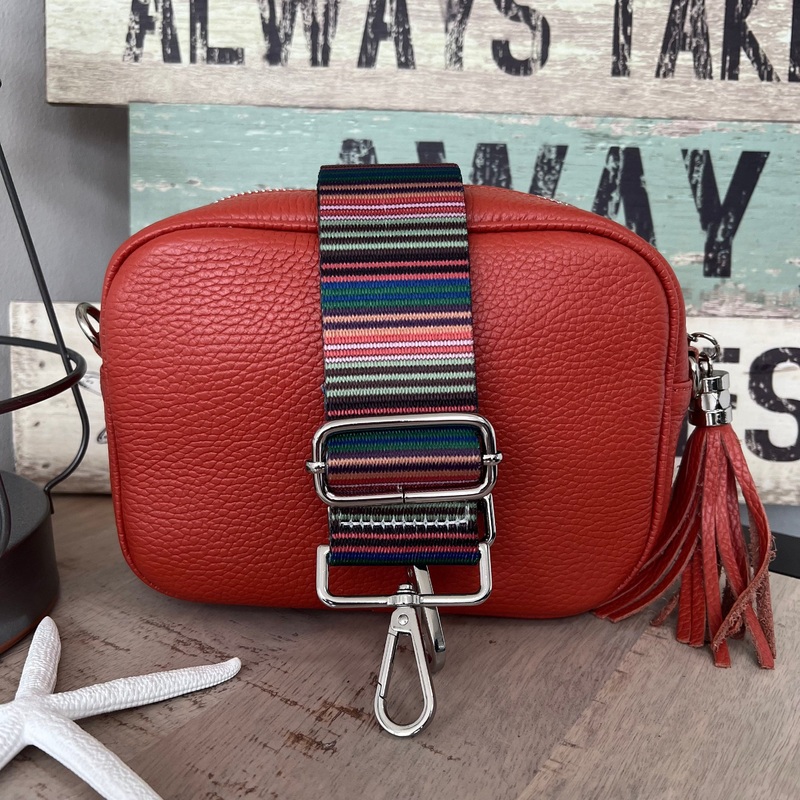 Orange Italian camera style bag with a wide woven strap combo