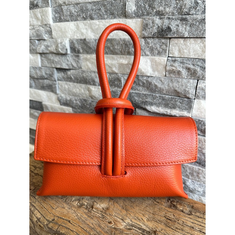 Orange Italian Leather Clutch Bag, Evening Bag with Loop Handle .