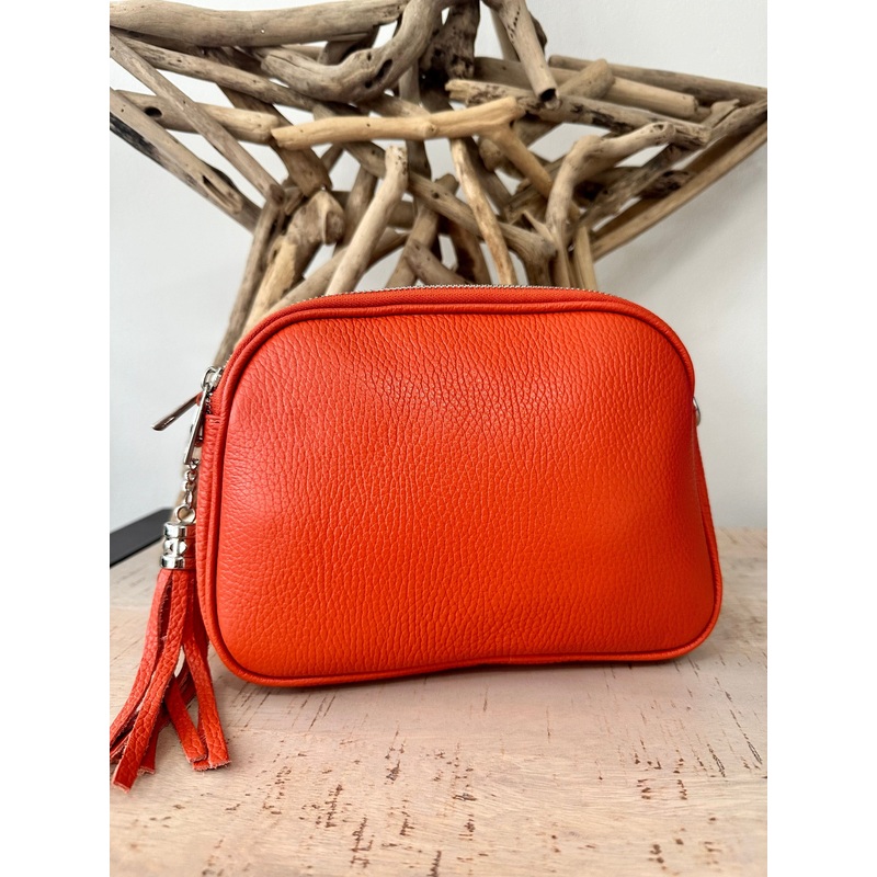 Orange Triple Zip Italian Leather Crossbody Camera Bag