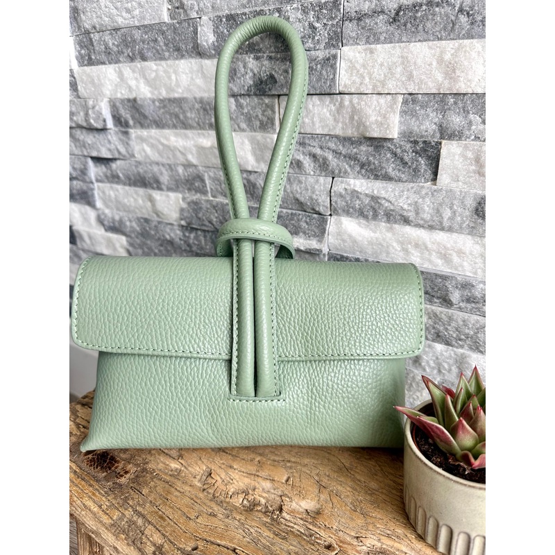 Pale Green Italian Leather Clutch Bag, Evening Bag  with Loop Handle